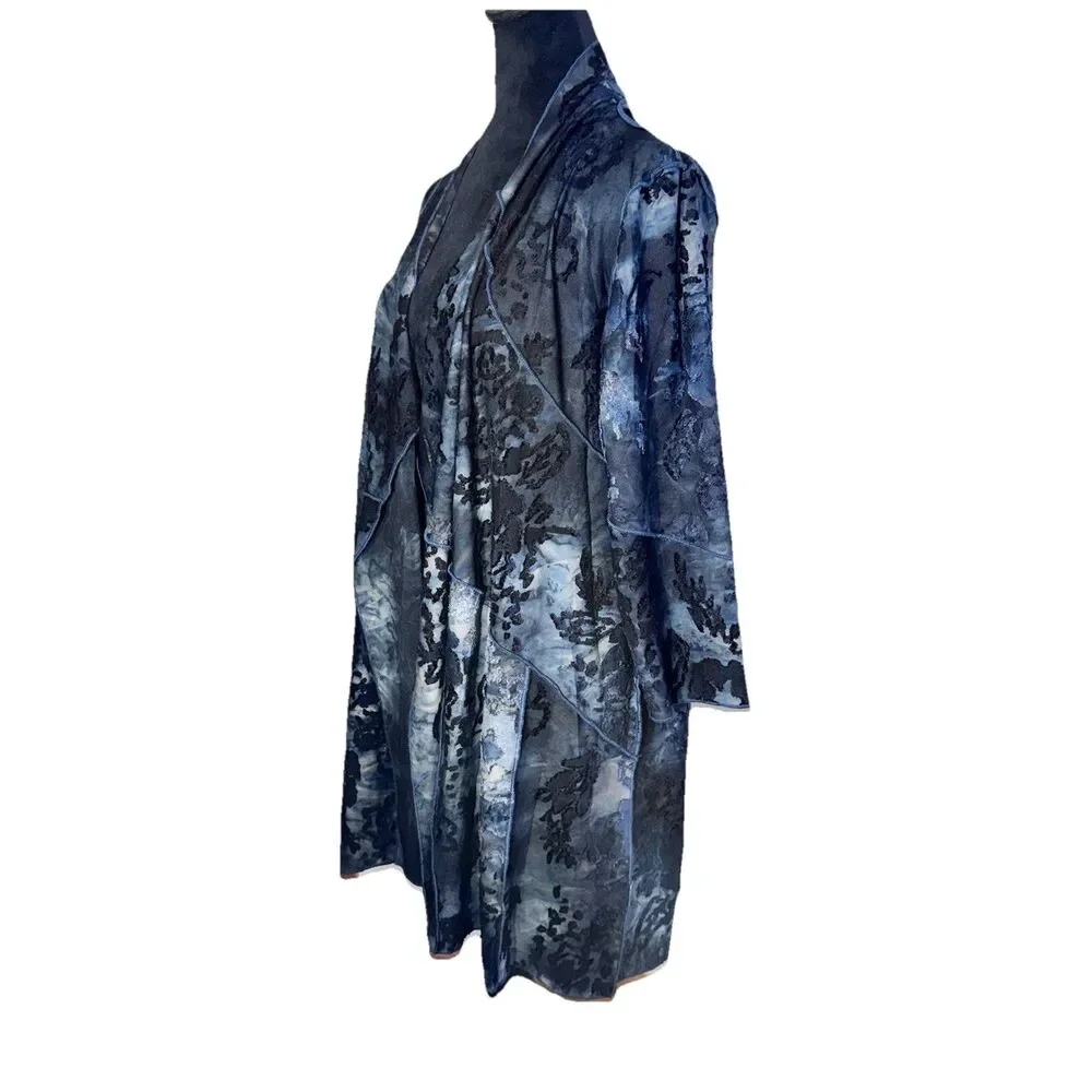 NWT Creation Navy Burnout Velvet Fly‎ Away Duster Kimono Artsy Boho Lagenlook